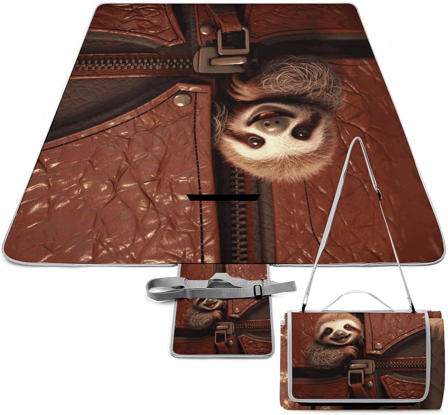 Sloth on Zipper Outdoor Mat Foldable ，Beach Blanket Waterproof Surface，Easy to Clean Travel Blanket， for Spring and Summer Grassland Camping