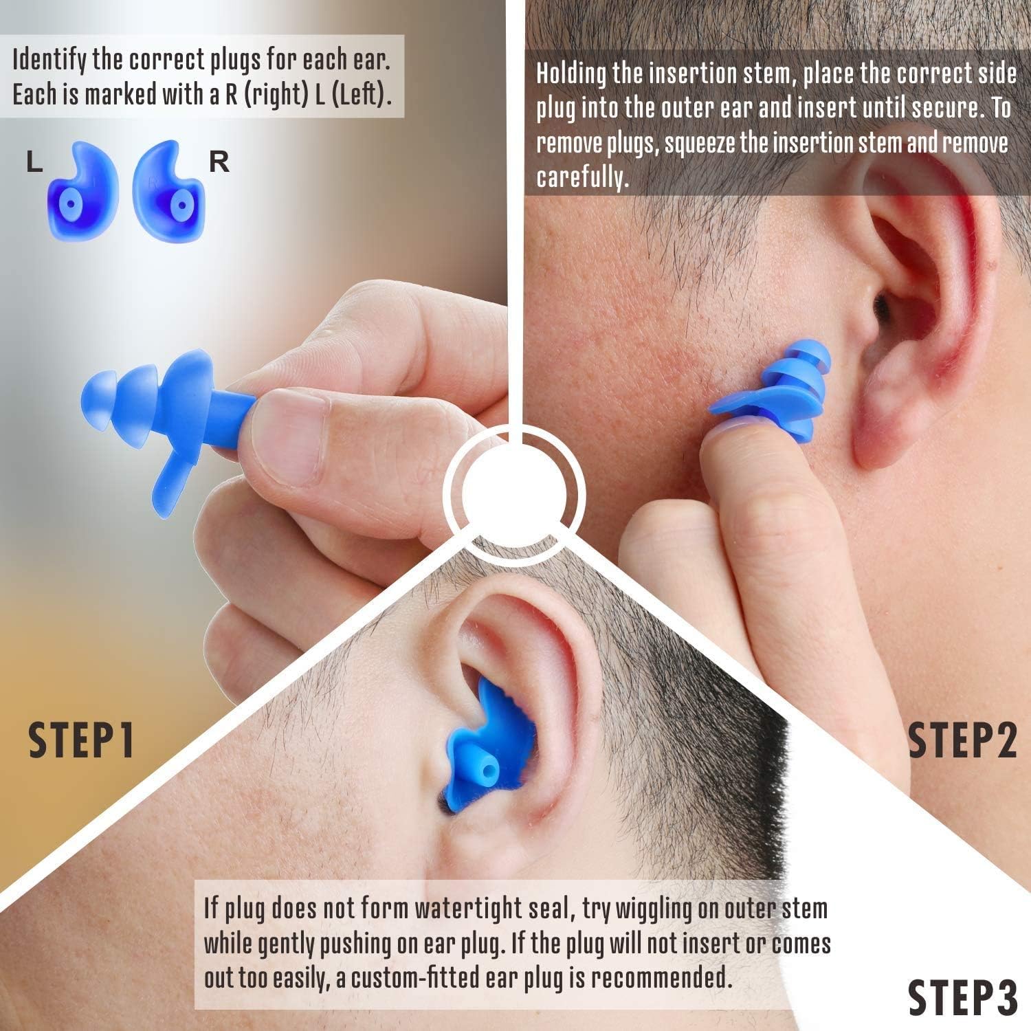 Swimming Ear Plugs Silicone Double Waterproof Swimming Earplugs for Water Sports Swimming Showering Surfing, 3 Pairs ergonomically Shaped earplugs for Family Including Kids and Adults