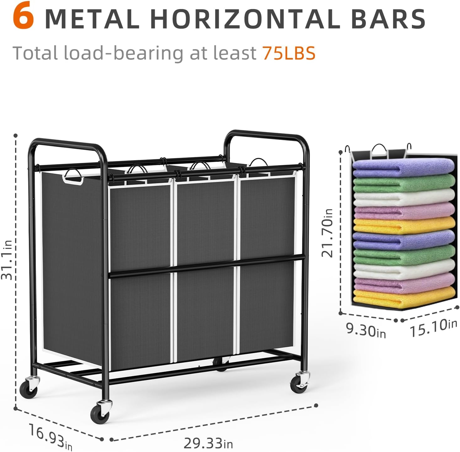 Diagram showing the dimensions of the ROMOON 3-Compartment Rolling Laundry Hamper