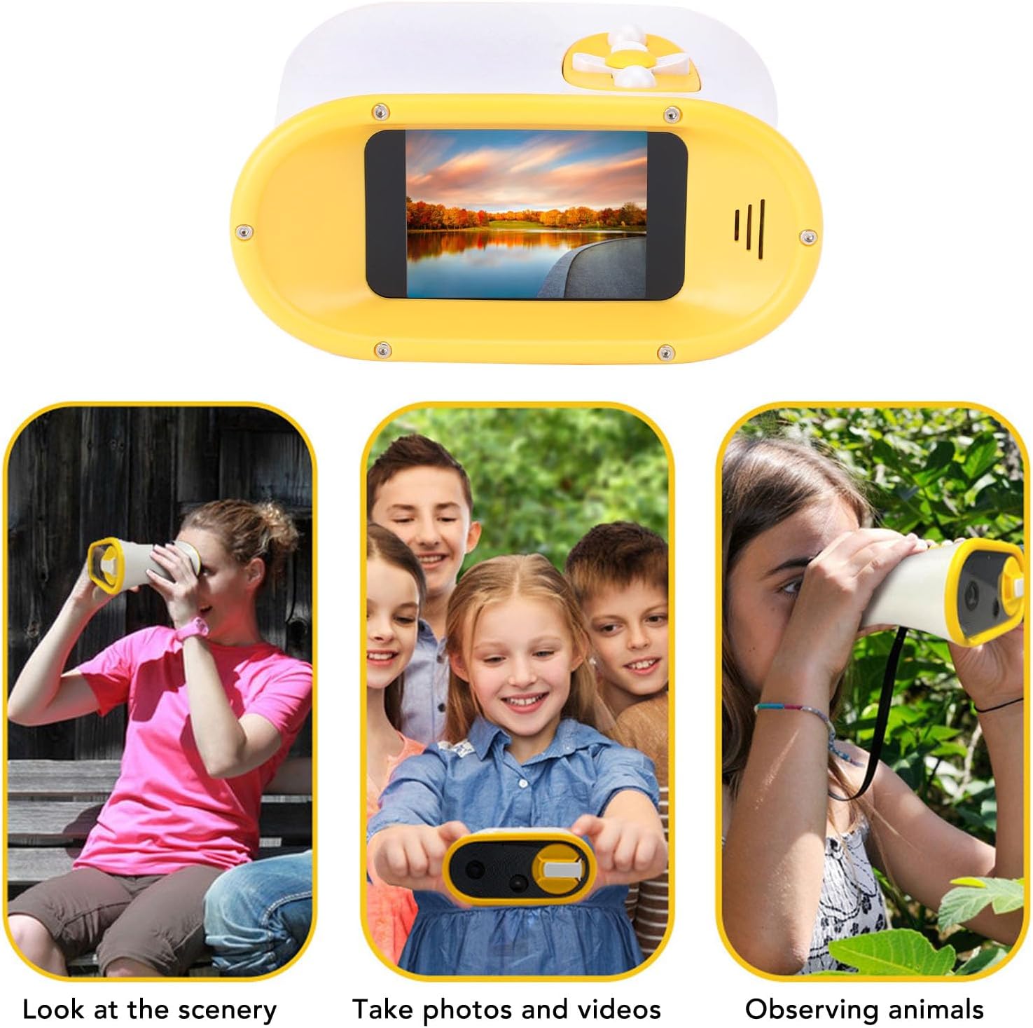Three panels showing uses of Jectse Digital Binoculars: looking at scenery, taking photos/videos, observing animals
