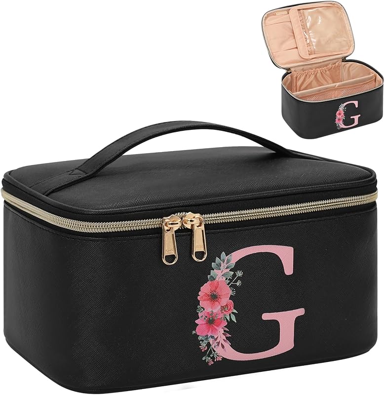 Necessaire de maquiagem OCHEAL preta com inicial, porta-pincéis e bolsos, modelo G