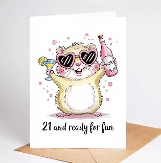 21 And Ready For Fun Card - Happy Twenty First Birthday Card - Cute Funny Hamster Alcohol Card - 21St Birthday Card For Friends Best Friends - Legal To Drink Birthday Card - Greeting Card