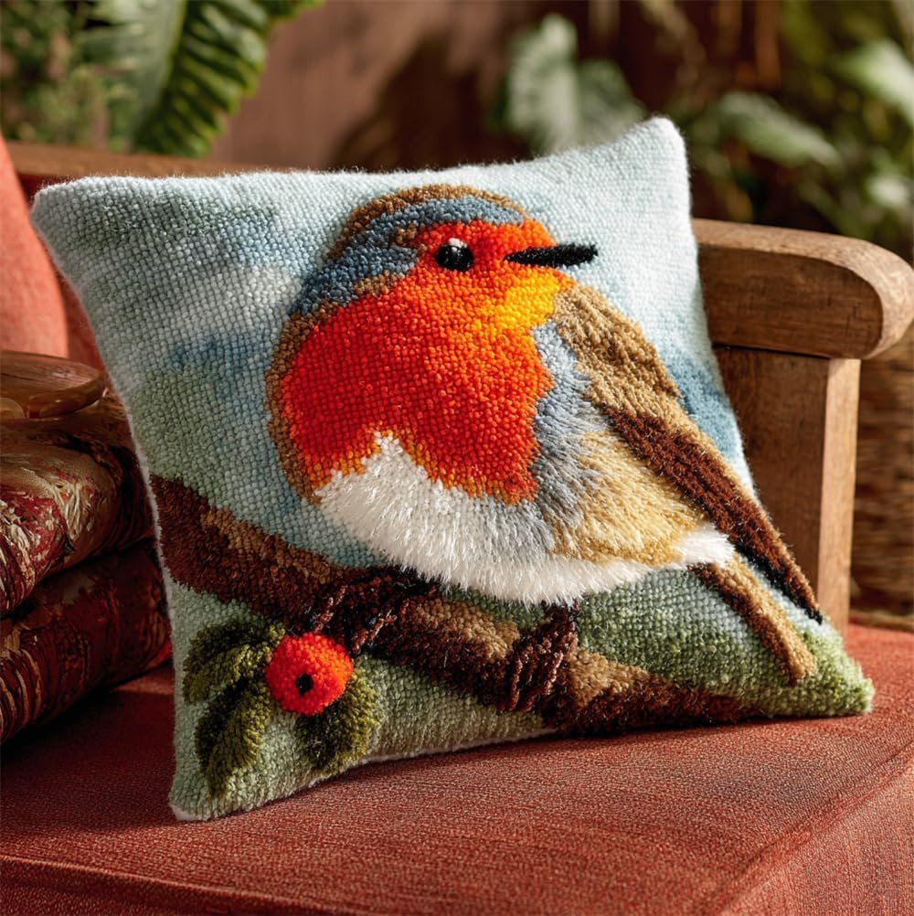 RKFLGEW Latch Hook Kits Pillow Animal Robin 17X17 in Printed Canvas Cushion Crochet Yarn Needlework Hook Latch DIY Kit Embroidery Pillowcase Rug Cover Home Sofa Christmas Decoration