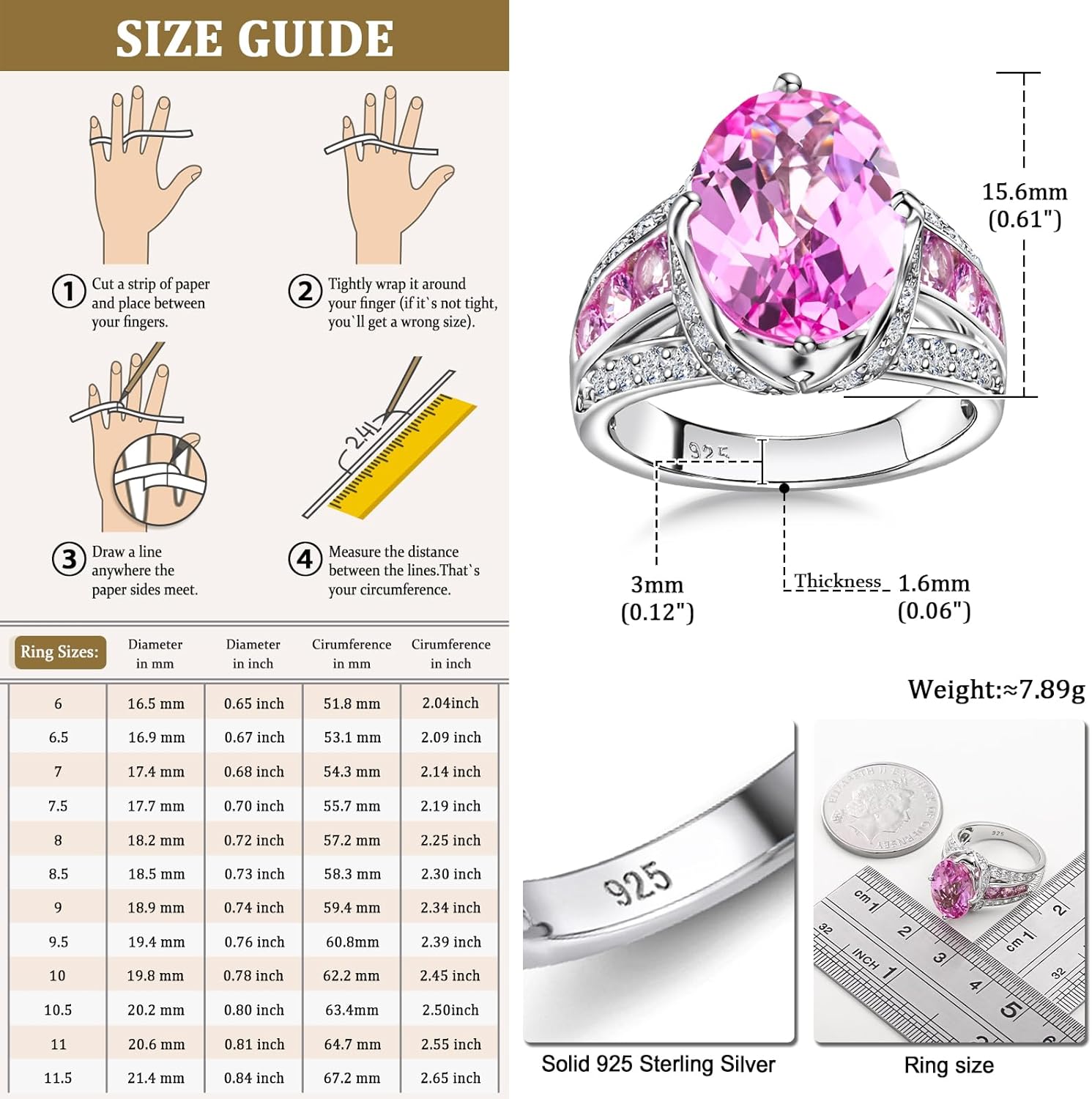 Emerald/Sapphire/Ruby/Tourmaline Rings for Women, 925 Sterling Silver Gemstone Engagement Anniversary Ring Big 6.5-8.5 Carat Birthstone Ring, Size 6 to 10 (Send Gift Box)