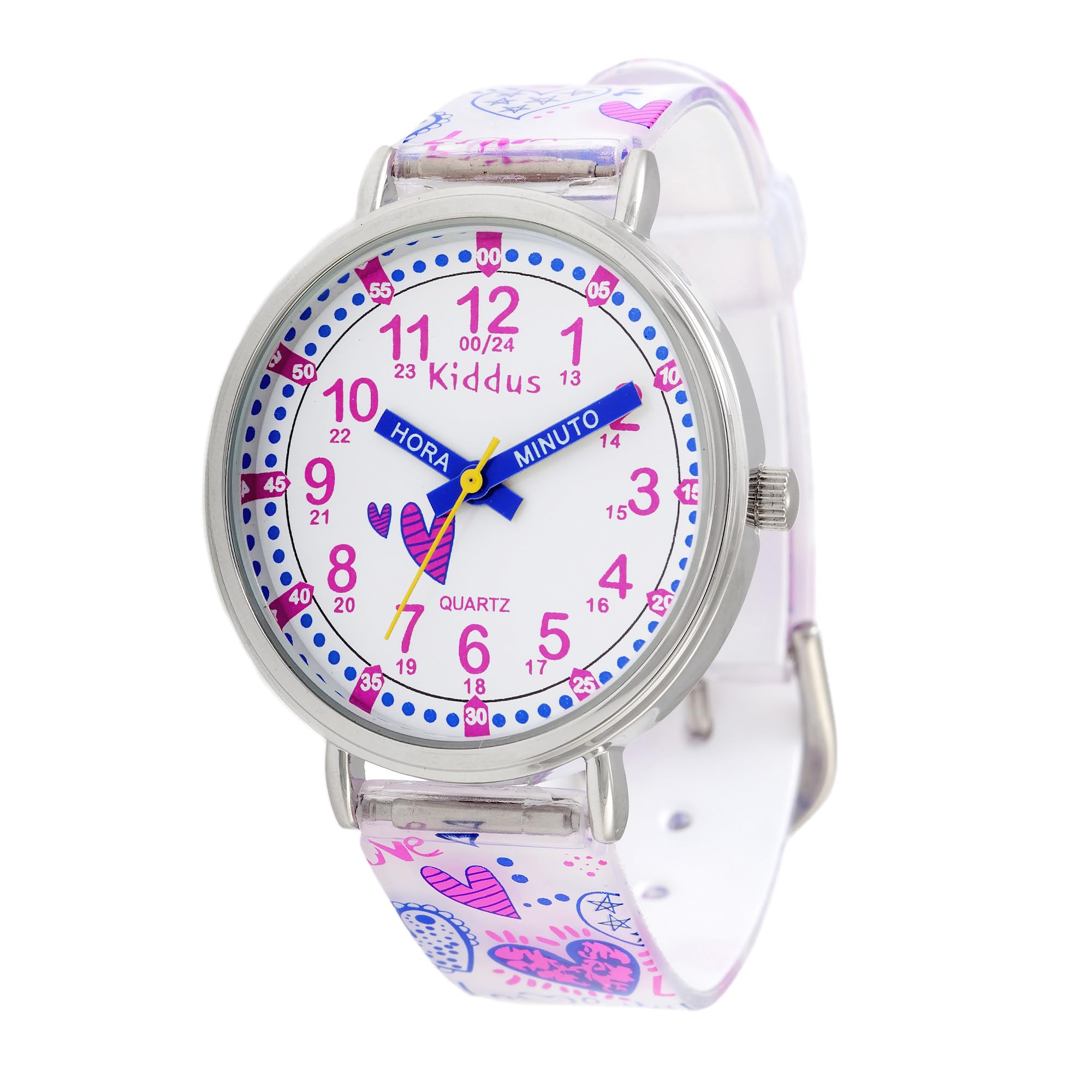 Kiddus Kiddus Reloj Educativo para niña, Chica, Chico. De Pulsera, analógico. Time Teacher fácil de Leer para Aprender la Hora. Ejercicios incluídos. Mecanismo de Cuarzo japonés. Corazones Manillas escritas