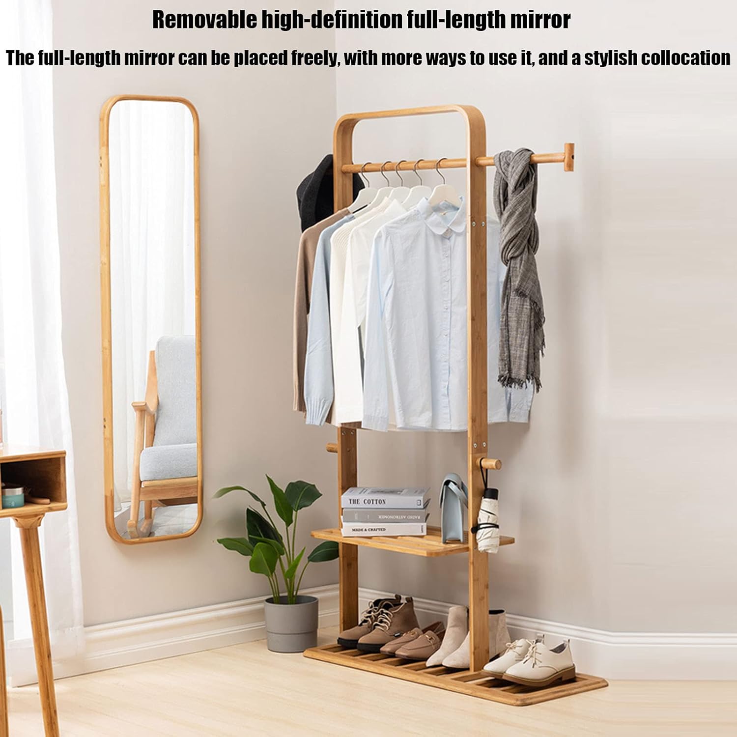 Full-Body Mirror Full-Length Mirror Floor Mirror Storage Fitting Mirror Household Mirror Bamboo Coat Rack Mirror One