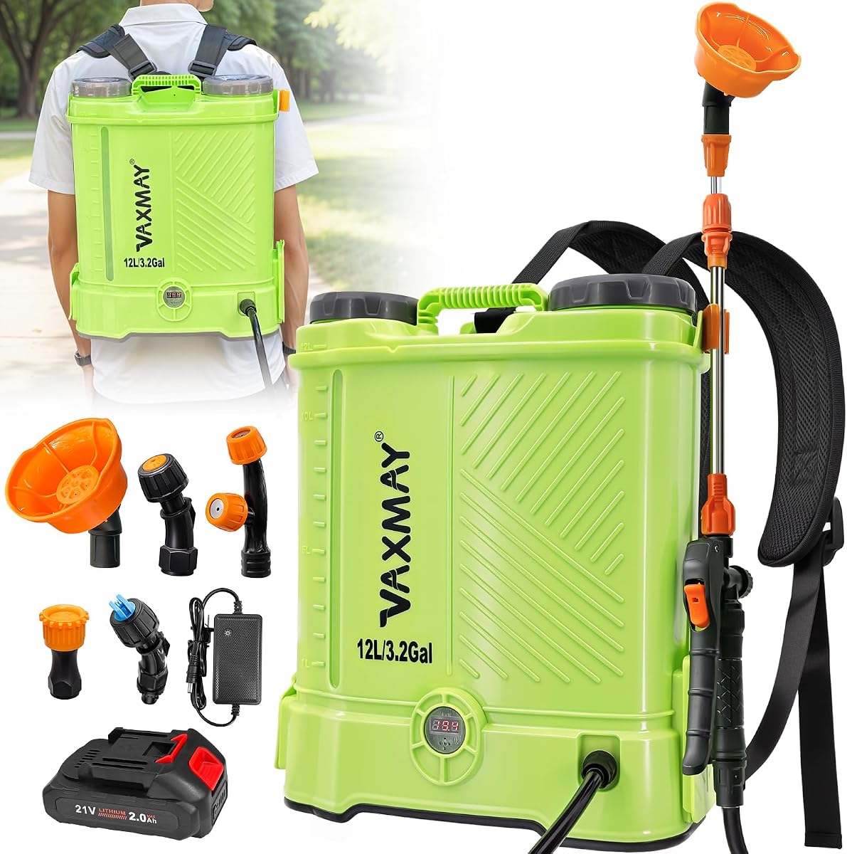Pulverizador de mochila a batería de 3,2 galones, pulverizador eléctrico de jardín VAXMAY 80 PSI funciona con batería Makita de 18 V, pulverizador de césped con varilla telescópica, 5 boquillas, batería de 2,0 Ah y cargador incluido