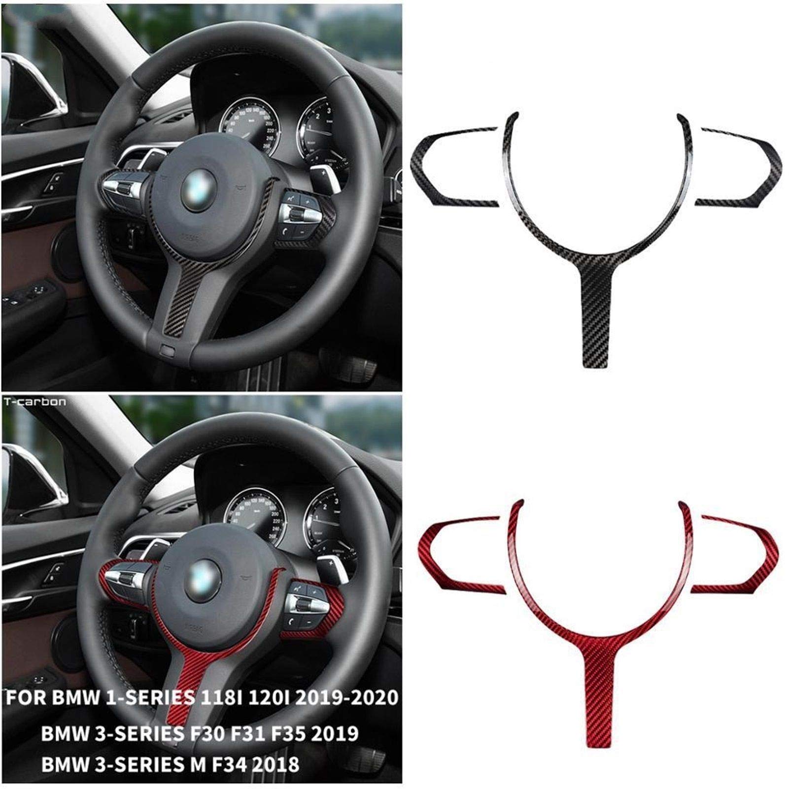 Osłona wykończeniowa kierownicy z włókna węglowego dekoracyjna naklejka, dla BMW serii 1/3 118i 120i F30 F31 F34 F35 18-2020 Car Styling Tapicerka kierownicy samochodu(Red Carbon Fiber)