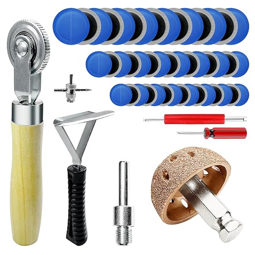 53Pcs Tire Patch Kit Heavy Duty, Tire Repair Tools 42 mm Tungsten Steel Buffing Wheel with 32/42/58mm Tire Patches, Inner Liner Scraper, Tire Patch Roller for Car Motorcycle Bike tractors Grinding