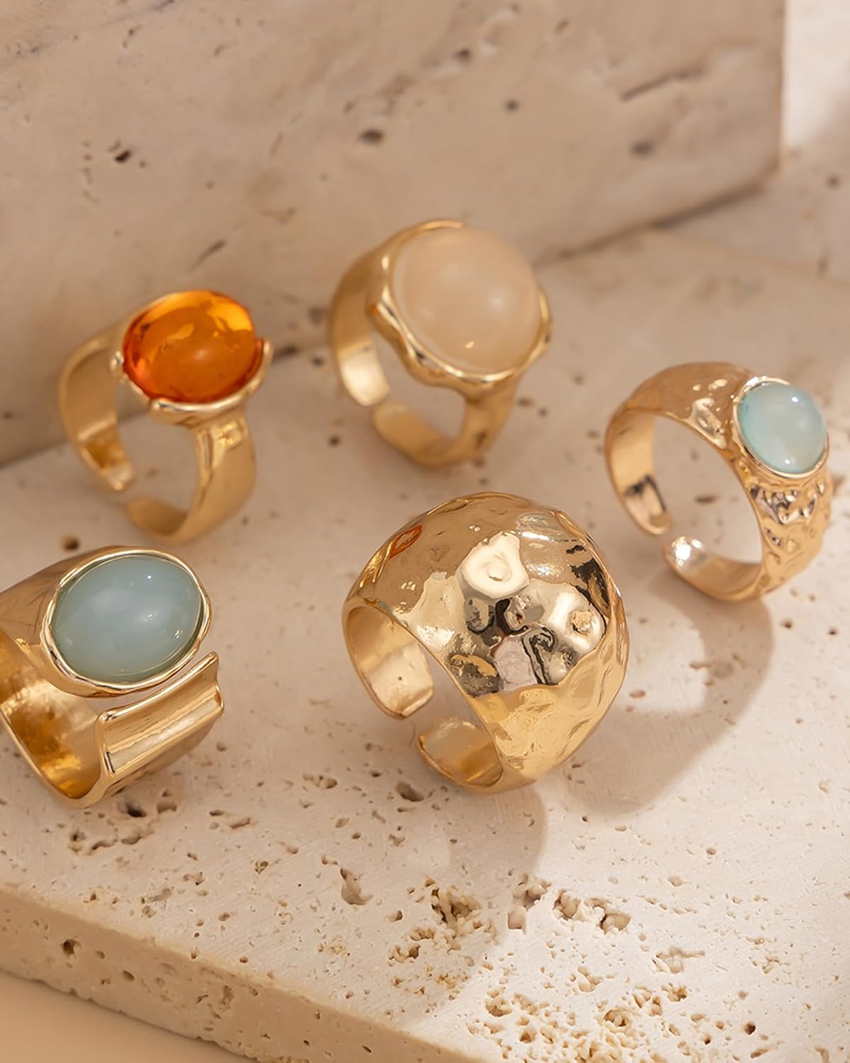 Chunky Gold Shell Starfish Ring Set for Women Trendy Gold Flower Scallop Seashell Starfish Gemstone Rings Adjustable Stacking Statement R-ings Non Tarnish Spring Summer Jewelry Accessories - Image 5