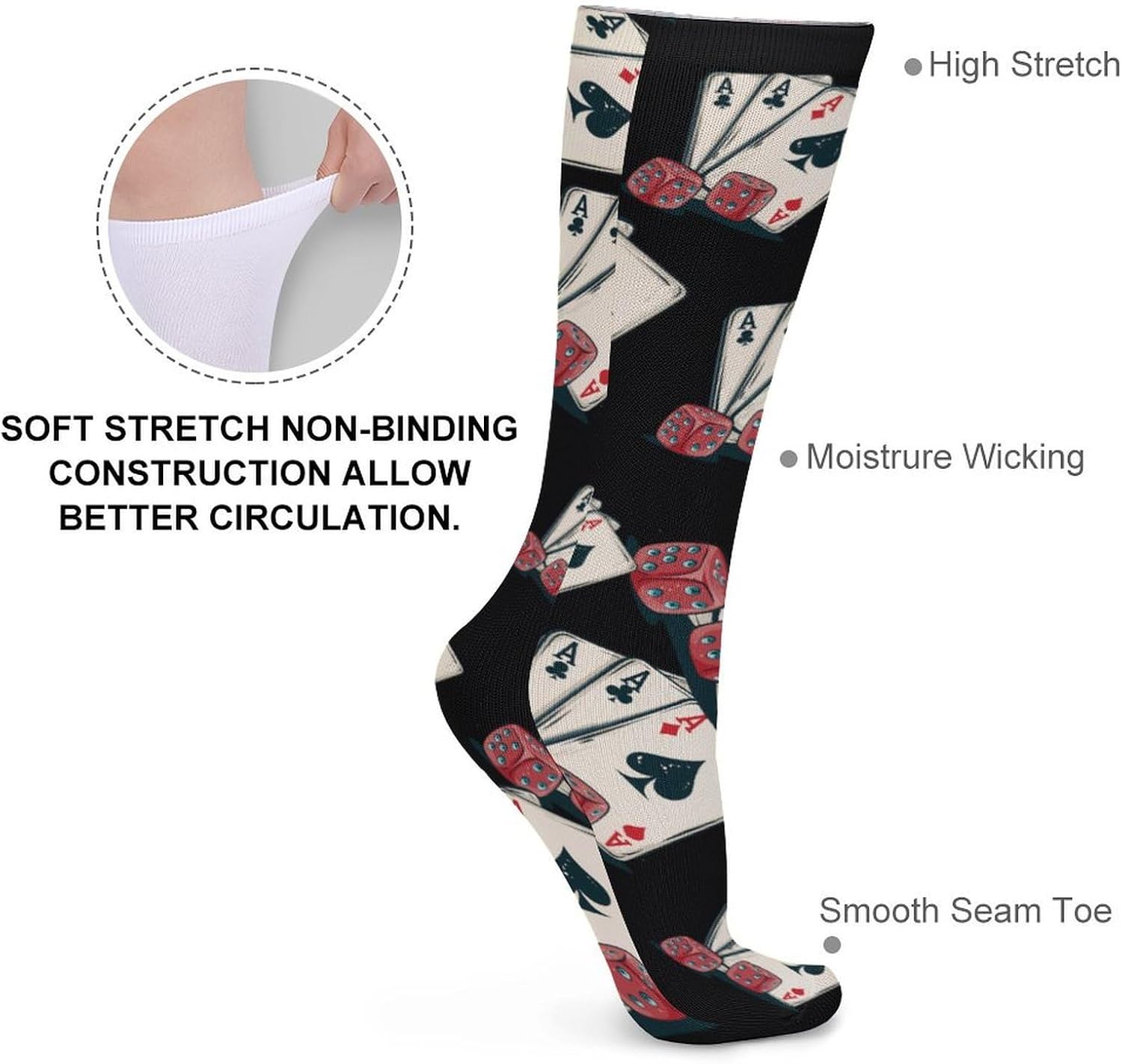 Gambling Casino Cards And Dice Knee High Socks Casual Long Stockings Over Calf Sock Tube for Women Men