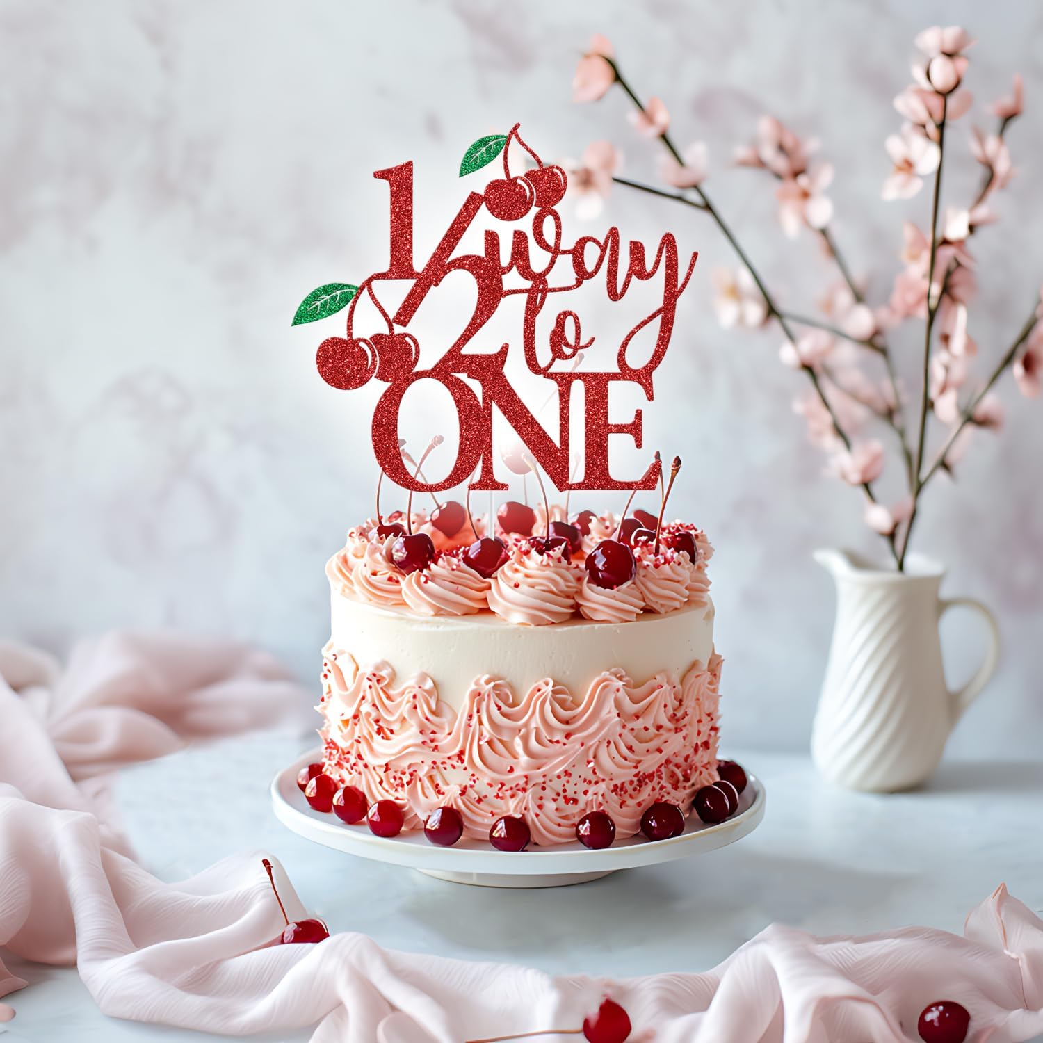 Cherry 1/2 Way To One Cake Topper, 6 Months Birthday Decorations, Sweet One, Summer Fruit Cherry Theme Baby Shower Half Birthday Party Decorations, Red Glitter thumbnail