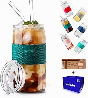 Colovie Can Shaped Drinking Glass Cups with Lids and Glass Straws 6pc Set-16oz Travel Glass Tumbler Cup with No Slip Silic...