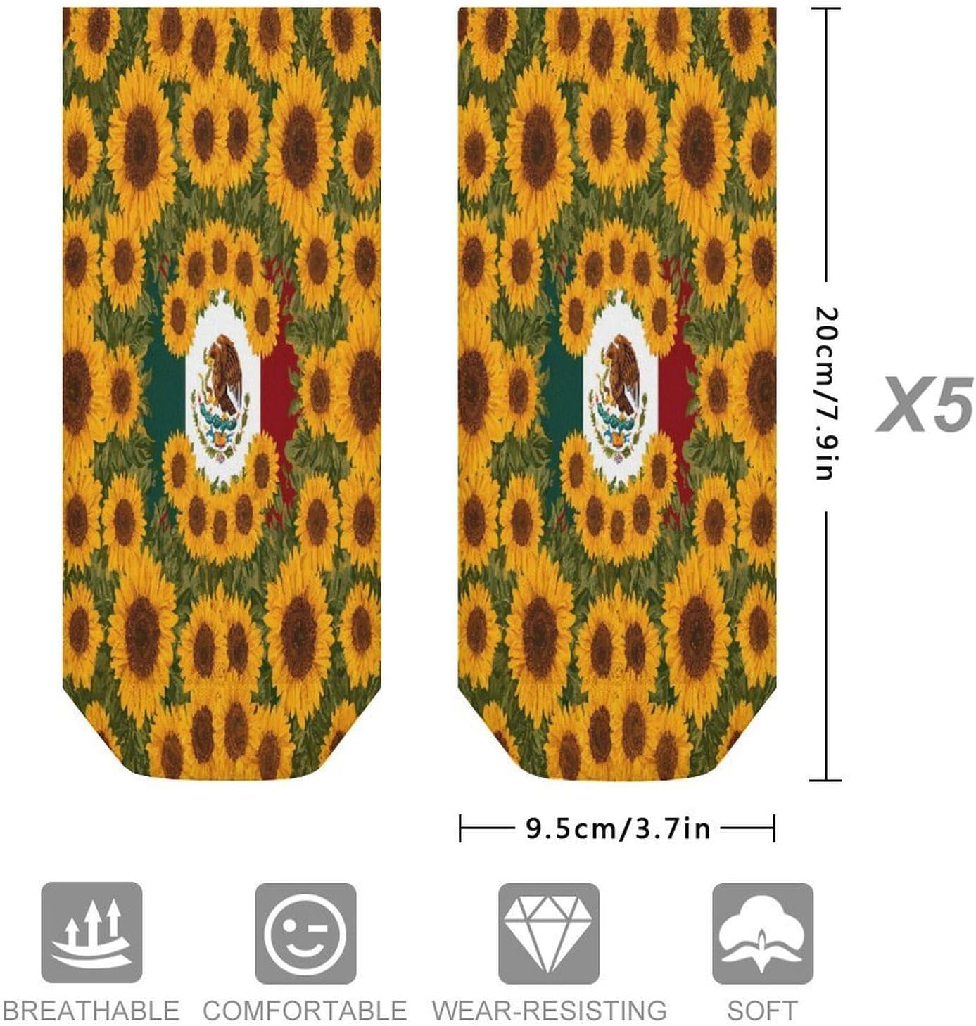 Mexican Flag Sunflowers Print Socks for Men Women 5 Pairs Ankle Socks