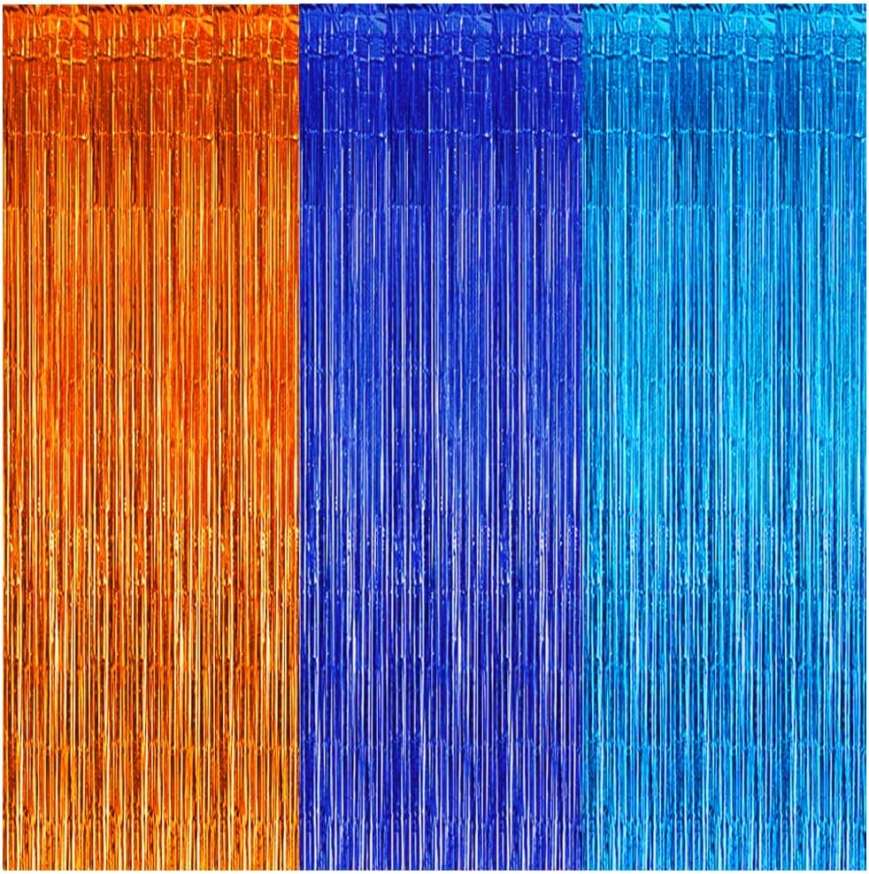 Blue and Orange Foil Fringe Curtains, Blue Orange Dog Birthday Party Supplies Blue Orange and Light Blue Streamer Backdrop Tinsel Photo Booth Prop for Blue Orange Dog Party Decoration (3Pack)
