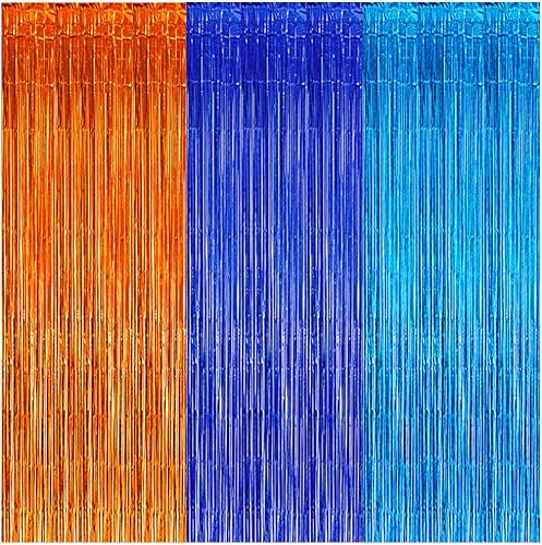 Cortinas de flecos de papel de aluminio azul y naranja, suministros para fiesta de cumpleaños de perro azul, naranja y azul claro, telón de fondo de