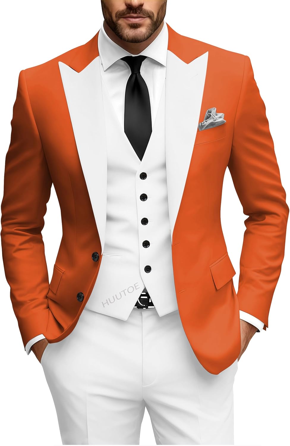 HUUTOE 3 Piece White Tuxedo for Men Slim Fit Mens Classic Suit Set Prom Orange + White Tuxedo Wedding Groom Orange Suits Blazer Dress Vest Pants-Trajes de Hombre L Wedding