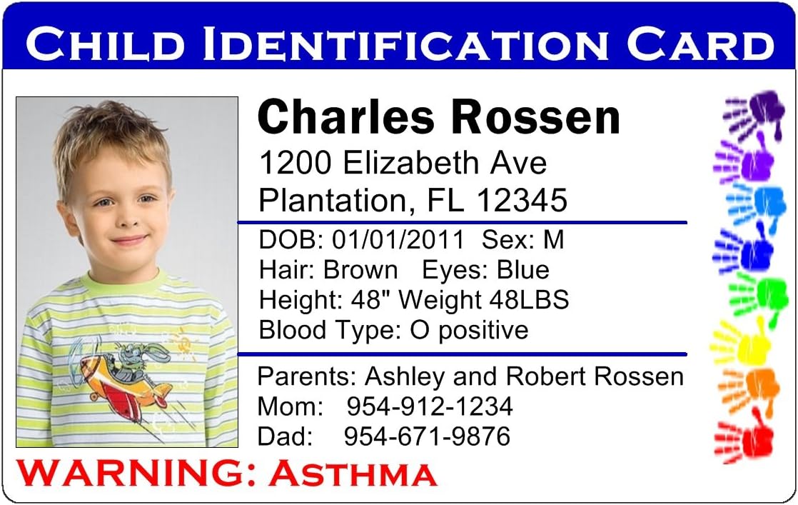 101 Custom Personalized Child Travel Identification Card ID Lost Child Full Color (Set of 2 Cards) (Blue)
