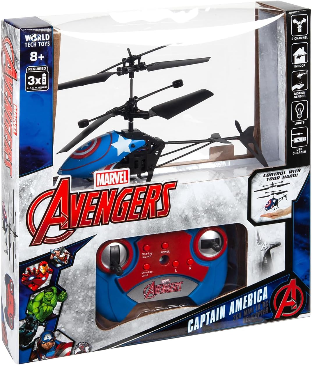 World Tech Toys Marvel Captain America RC Helicopter – Easy‑Fly Remote Control Helicopter with LED Lights, Durable Body, Coaxial & Rear Rotors – Kids 8+