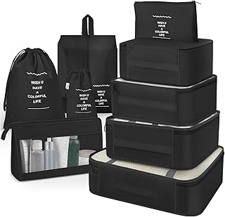OBSGUMU Koffer Organizer Set, 9 Pcs Packing Cubes für Reisen, Packtaschen für Koffer Reise Kleidertaschen, Verpackungswürfel Mit Kosmetiktasche, Packwürfel for Reiseutensilien(Schwarz)