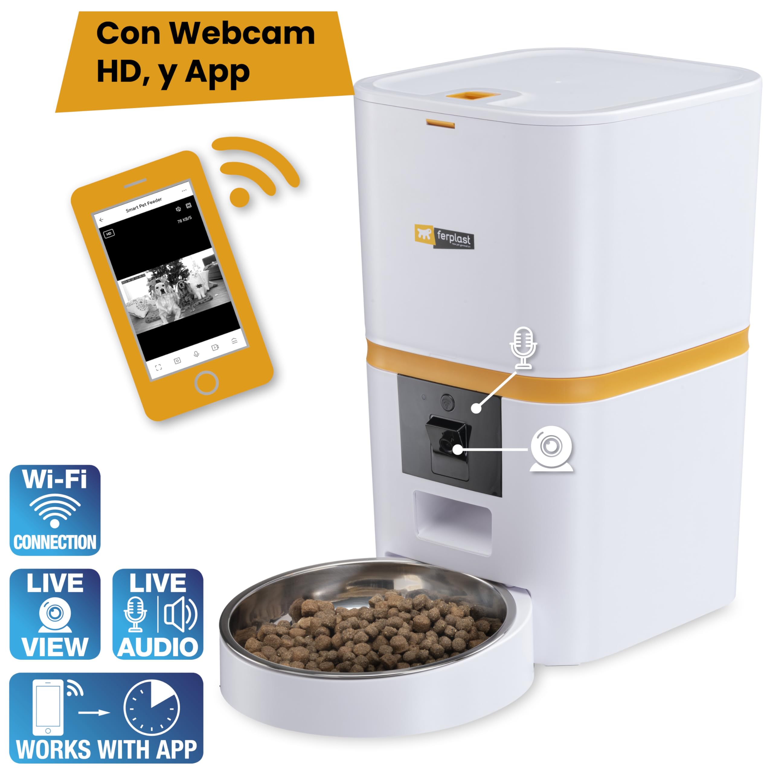 Ferplast Comedero Gato Automatico Risto Pet Smart Dispensador Comida Gatos, Comedero Perro Automatico, WiFi, 6 L, Control vía App, Cámara de Visión Nocturna, Micrófono, Cuenco de Acero Inoxidable