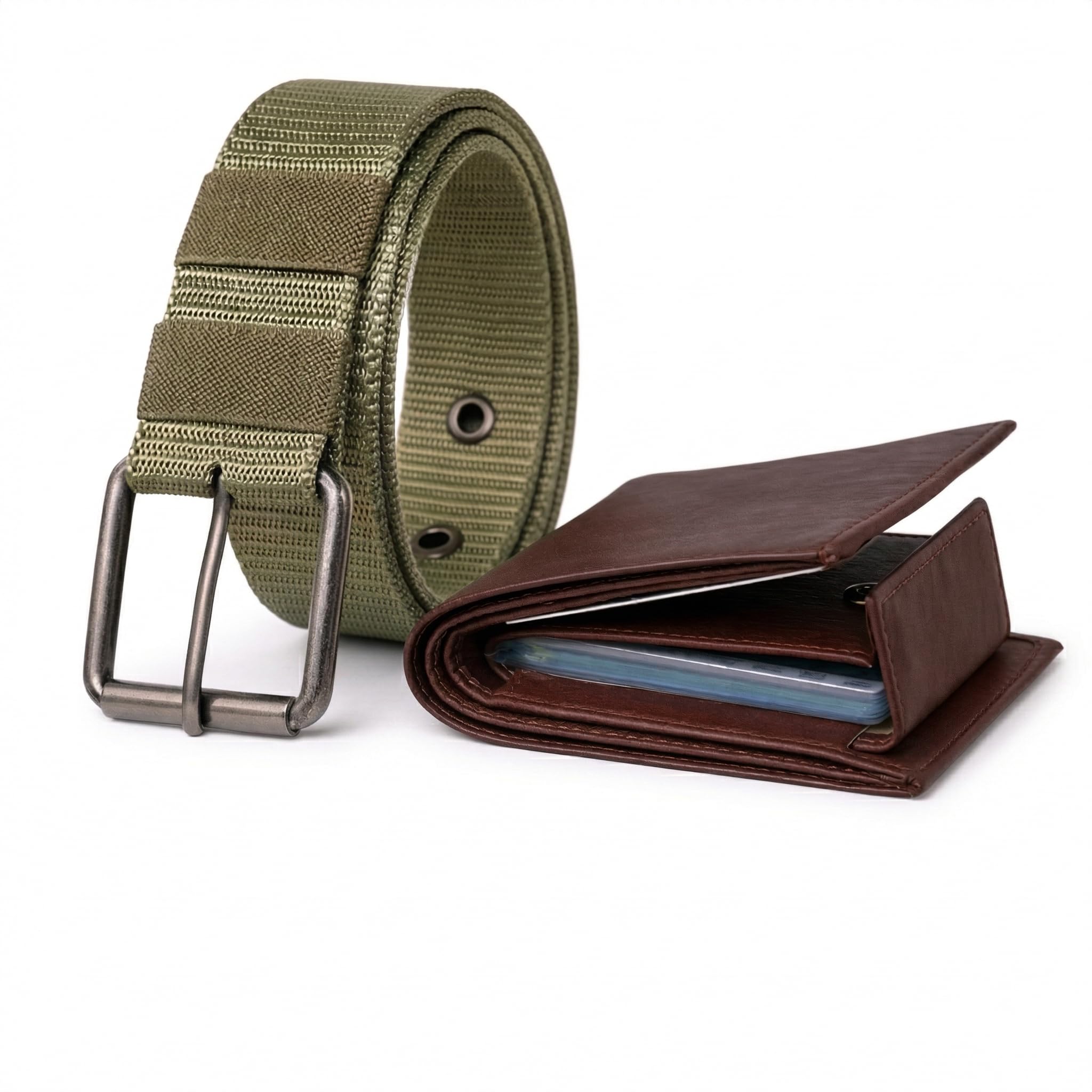 Men's Olive Green Tactical Belt with Rotating Chrono-Style Buckle and Tan Wallet-image-48
