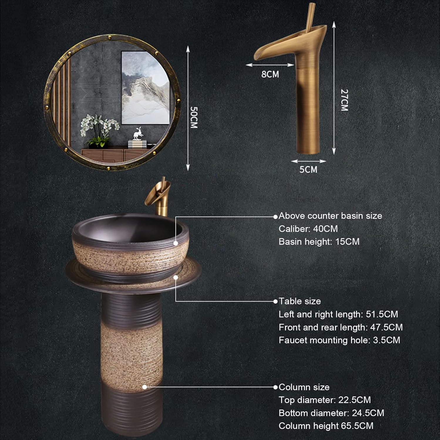 Pedestal Sink Handcrafted Ceramic wash Basin Pedestal washbasin, Kaolin Clay Pedestal Sink Round Freestanding Sink for Indoor and Outdoor,I,Without Mirror