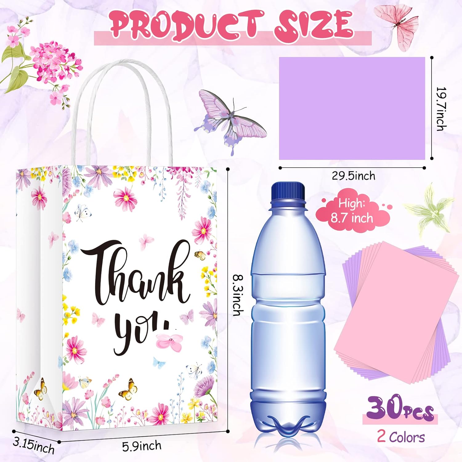 Tinlade 30 Pcs Thank You Gift Bags with Tissue Paper Gold Thank You Wedding Bags with Handle for Graduation Business Shopping Wedding Shower Party Favors(Floral Color) - Image 2