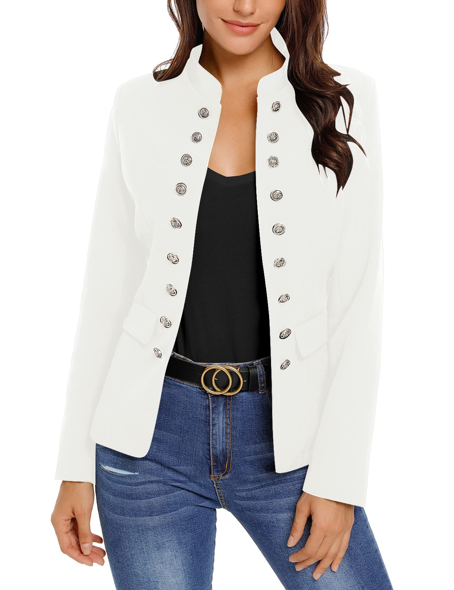 Roskiky Damen Blazer für Frauen, Cardigan, Freizeit Business Jacke, mit Taschen, Deko Knöpfe vorne