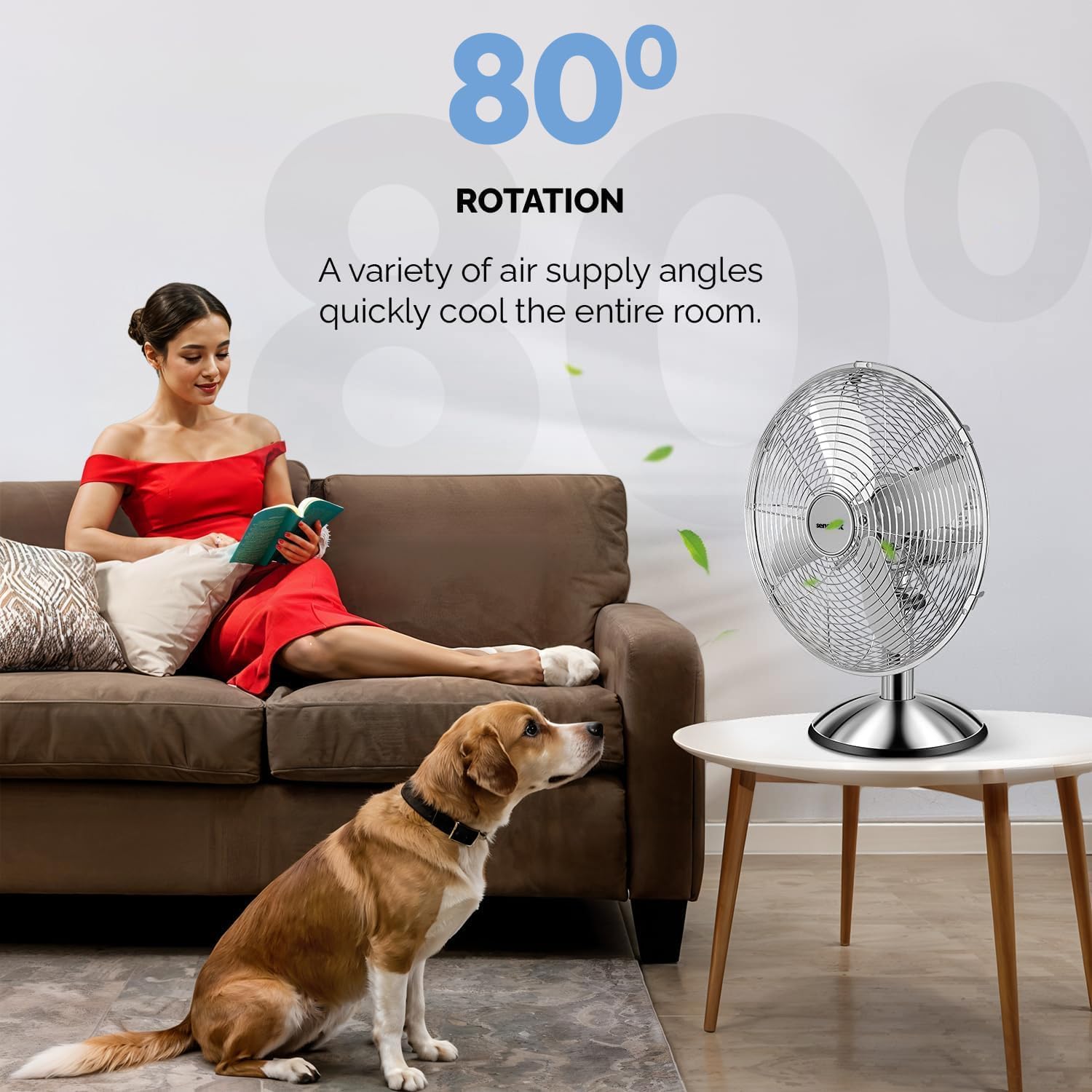 Senelux 30 cm (12 Zoll) Chrom-Tischventilator, 3 Geschwindigkeitsstufen, leiser Betrieb, oszillierend, stabiler Standfuß, Tisch-/Nachttischventilator, Retro-Chrom-Design, ideal für Zuhause und Büro