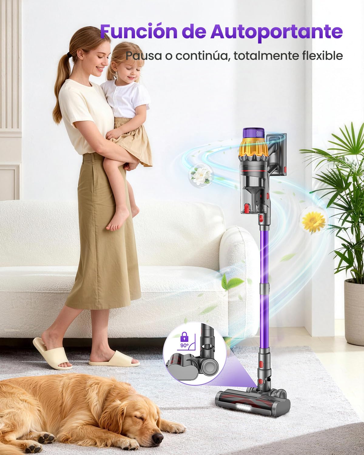 Aspiradora sin Cable para Pelo de Mascota,DyMona V17Max 2 Baterías 150Min Autonomía/58kPa/650W Succión Potente, Rodillo Antienredos, Autoportante, Ligero e Inalámbrico para Apartamento, Perros y Gatos