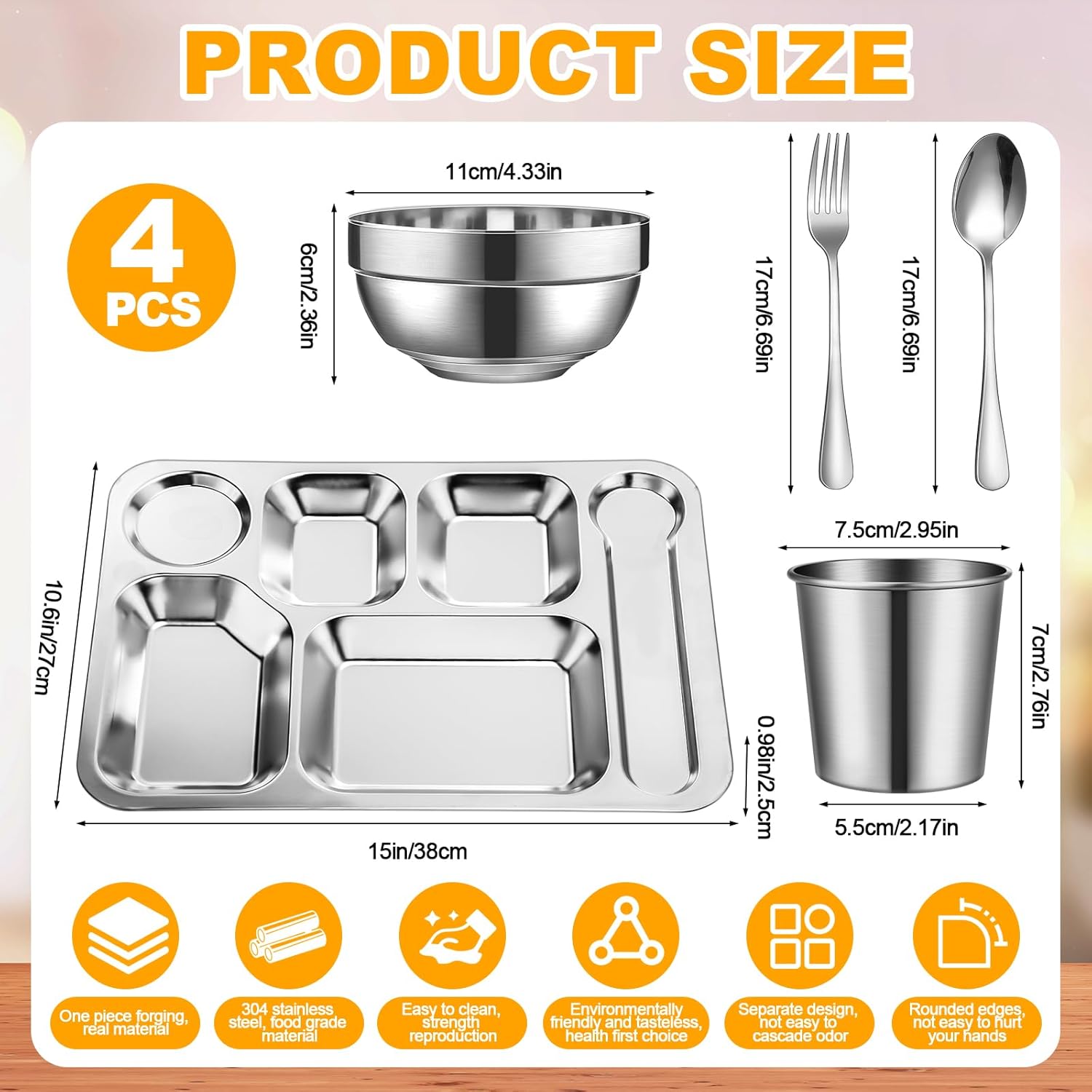 20 Pcs Stainless Steel Plates Bowls Cups Spoons Forks 304 Stainless Steel Dinnerware Set Divided Plates Dinner Tray for Home Kitchen Restaurant(6 Compartment) - Image 2