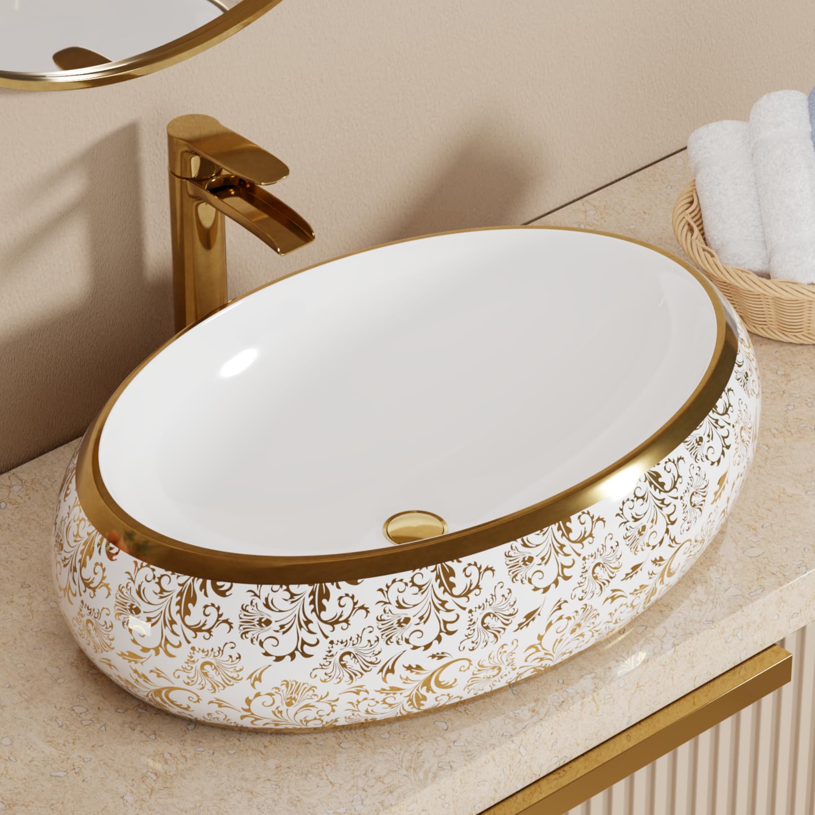 BASSINO Table Top Wash Basin - White & Rose Gold -10