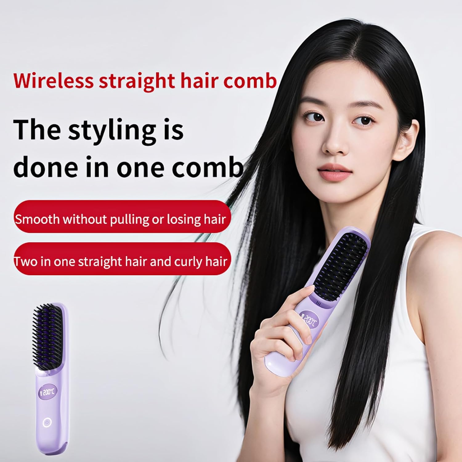 Go Brush Pro Portable Cordless Hair Straightener Brush for Travel, Fast Heating Straightening Comb with LCD Display & °F/°C Switch, Rechargeable Anti-Frizz Styling Tool for Smooth Shiny Hair (Purple)