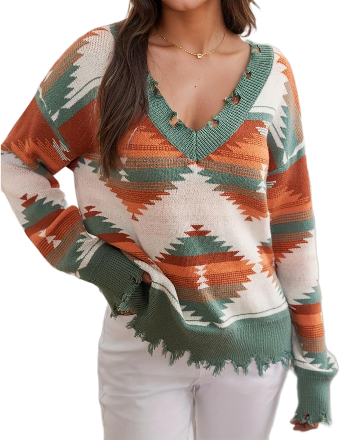 Women's Tribal Aztec Print V Neck Ripped Sweater Geometric