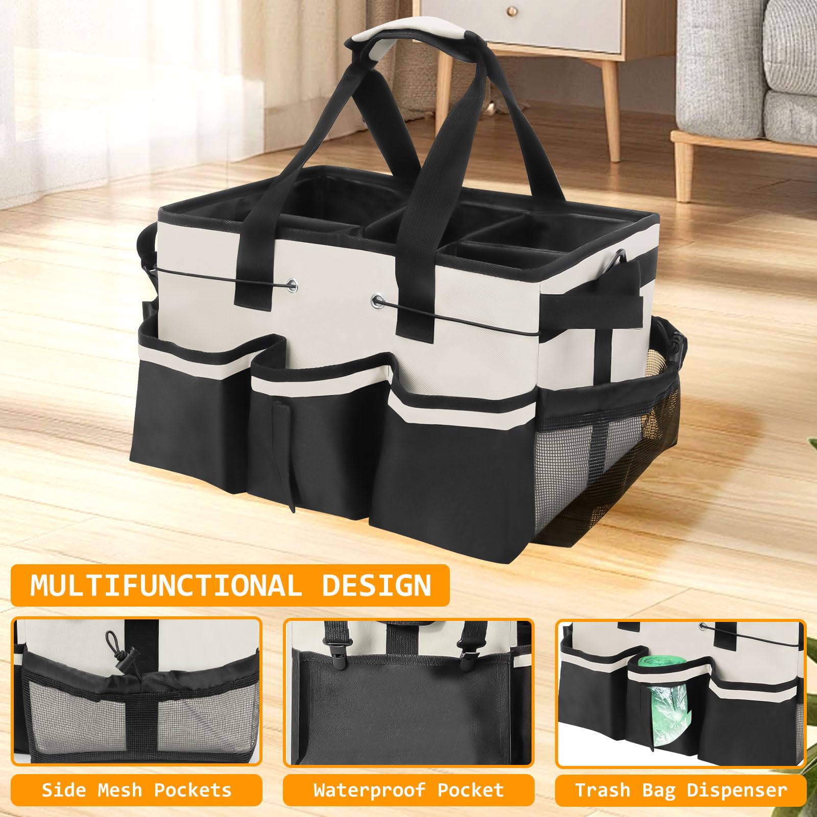 Cesto Per La Conservazione Dei Prodotti Per La Pulizia,Cestino Porta Attrezzi con 5 Tasche Esterne, Organizer Per Pulizie in Tessuto Oxford, Impermeabile, con Spallacci Regolabili (Bianco)
