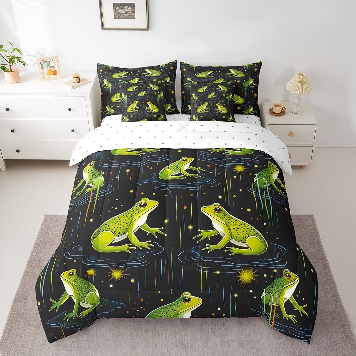 Feelyou King Size Green Frog Comforter Set Kids Boys Girls Cartoon Frog Bedding Set - 7 Piece Bed Set Includes Comforter, Sheet Set, Pillowcases & Pillow Covers - Super Soft Breathable