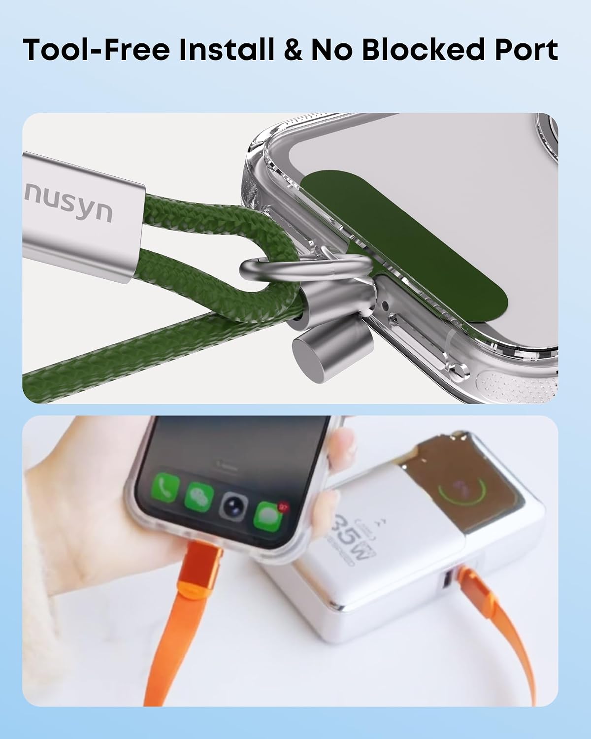 2 Pack Phone Lanyard,0.98FT lanyard with C to C PD 240W Charging Cable, Plus Adjustable 4.92FT Neck Strap with C to C PD 60W Charging Cable for Daily & Outdoor (0.98FT Orange/4.92FT green image 4
