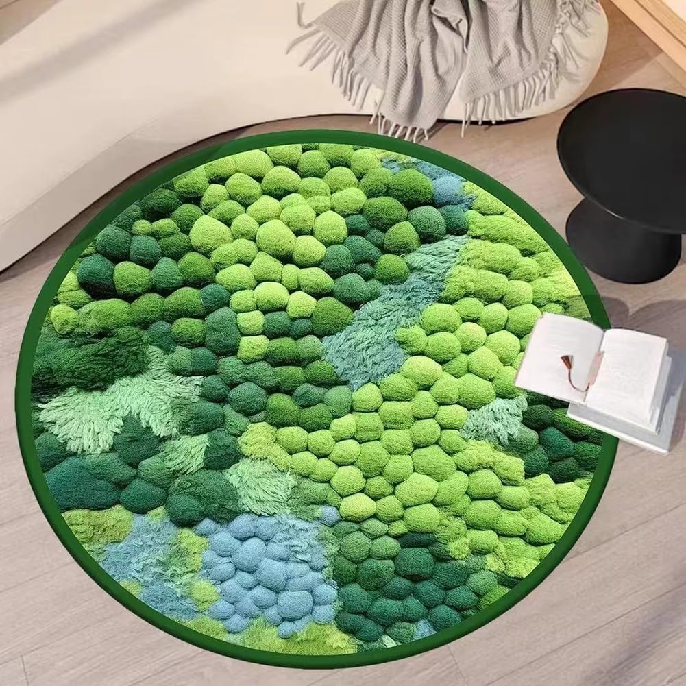 Moss Rug, Creative Non-Slip 3D Moss Floor Mats, Round Grass Green Moss Bath Mat, Washable Area Rug,Absorbent Soft Moss Carpet Rug for Home Bathroom Bedroom Toilet Front Door Entryway Doormat Decor (