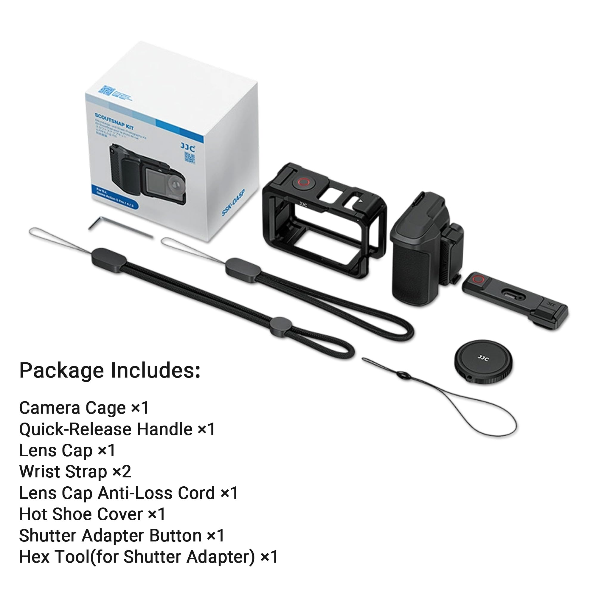 JJC Osmo Action 5 Pro Cage Street Grip zestaw, metalowa ramka ochronna z uchwytem do DJI Osmo Action 5 Pro/4/3, uchwyt klatki na kamerę, zestaw z osłoną obiektywu i paskiem na nadgarstek, do
