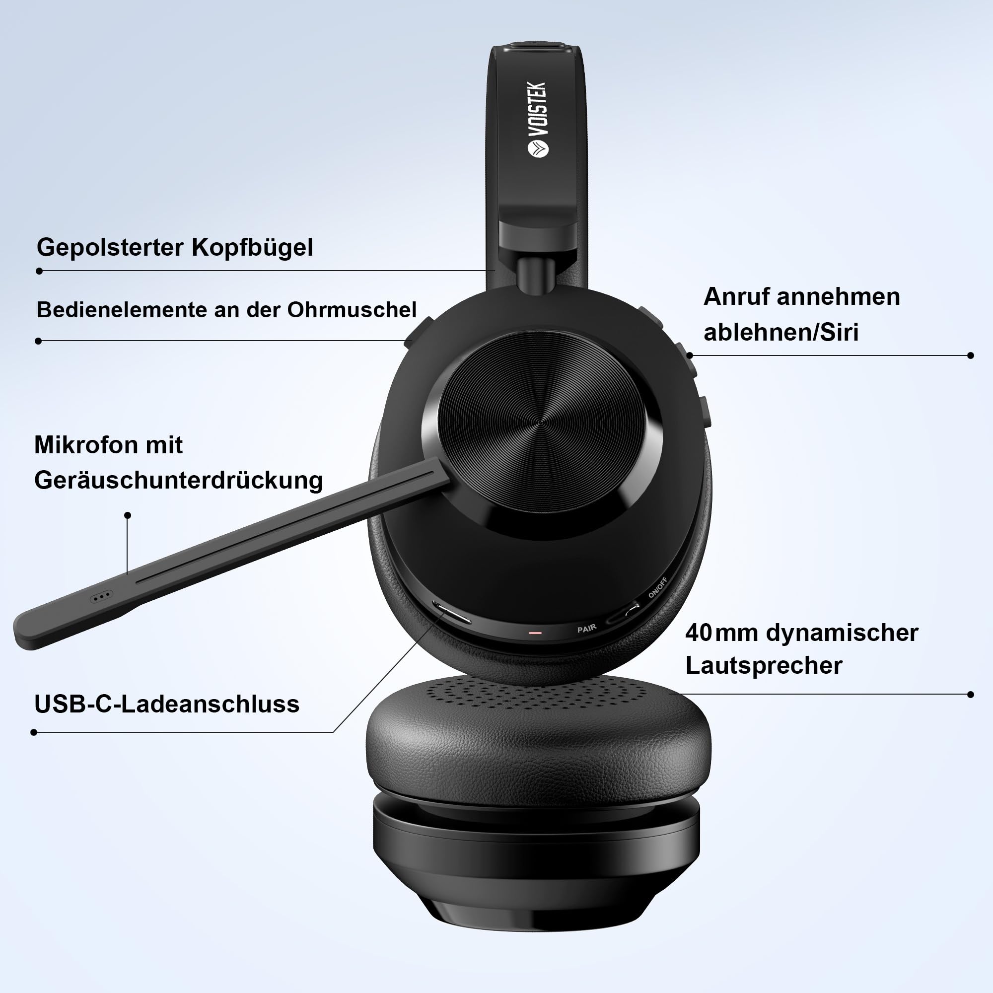 Voistek Kabelloses Headset, Bluetooth-Headset mit Mikrofon und Rauschunterdrückung,USB-Dongle für PC, Mikrofon-Stummschaltung & Ladestation für Computer/Handy/Meeting/Call Center/Büro