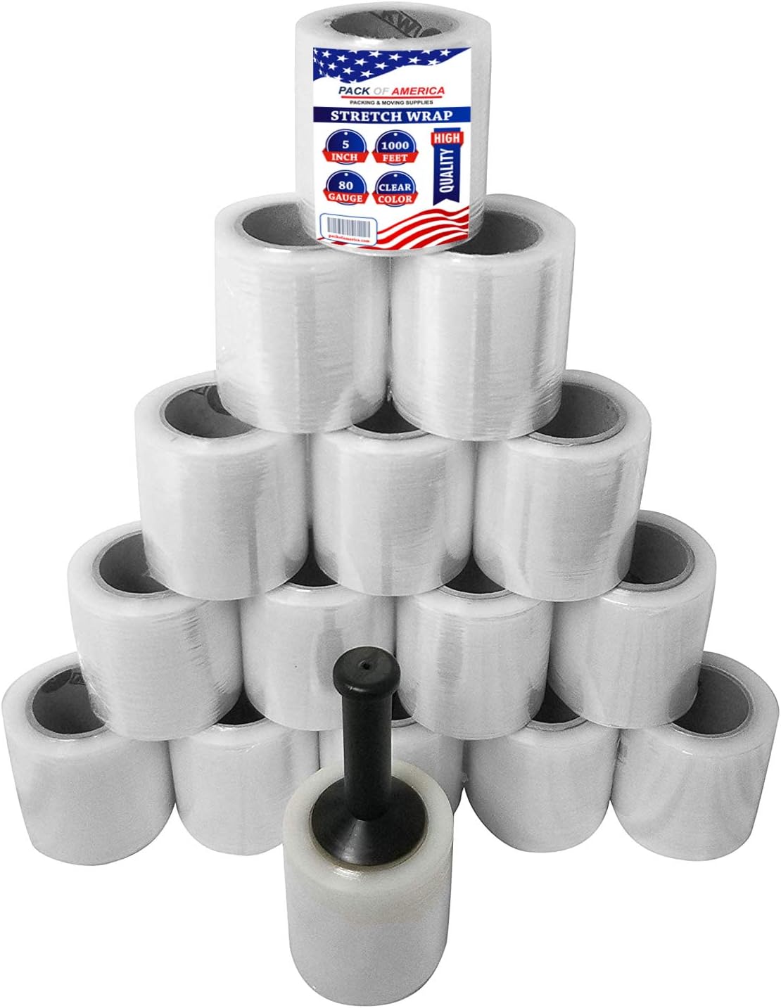 Pack of America Mini Stretch Film - 16 Rolls with Handle, 5” x 1000 Feet, 80 Gauge (20 Micron) Industrial Heavy Duty Plastic Shrink Wrap and Dispenser for Packing, Shipping, Pallet, Moving Supplies