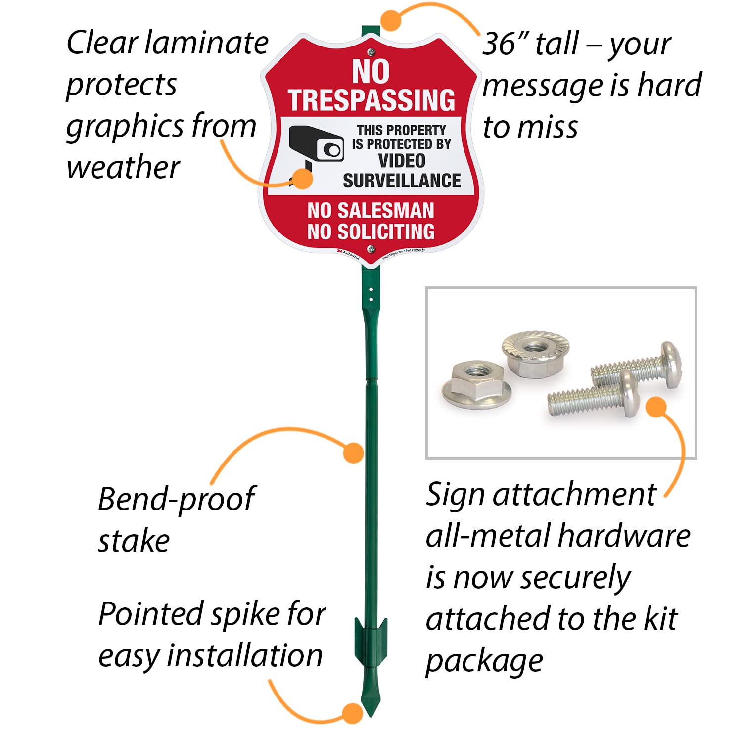 SmartSign 12 x 11.5 inch 'No Trespassing - Property Protected By Video Surveillance, No Soliciting' Yard Sign with 3 ft Stake, 40 mil Laminated Rustproof Aluminum, Red/Black/White, USA-Made