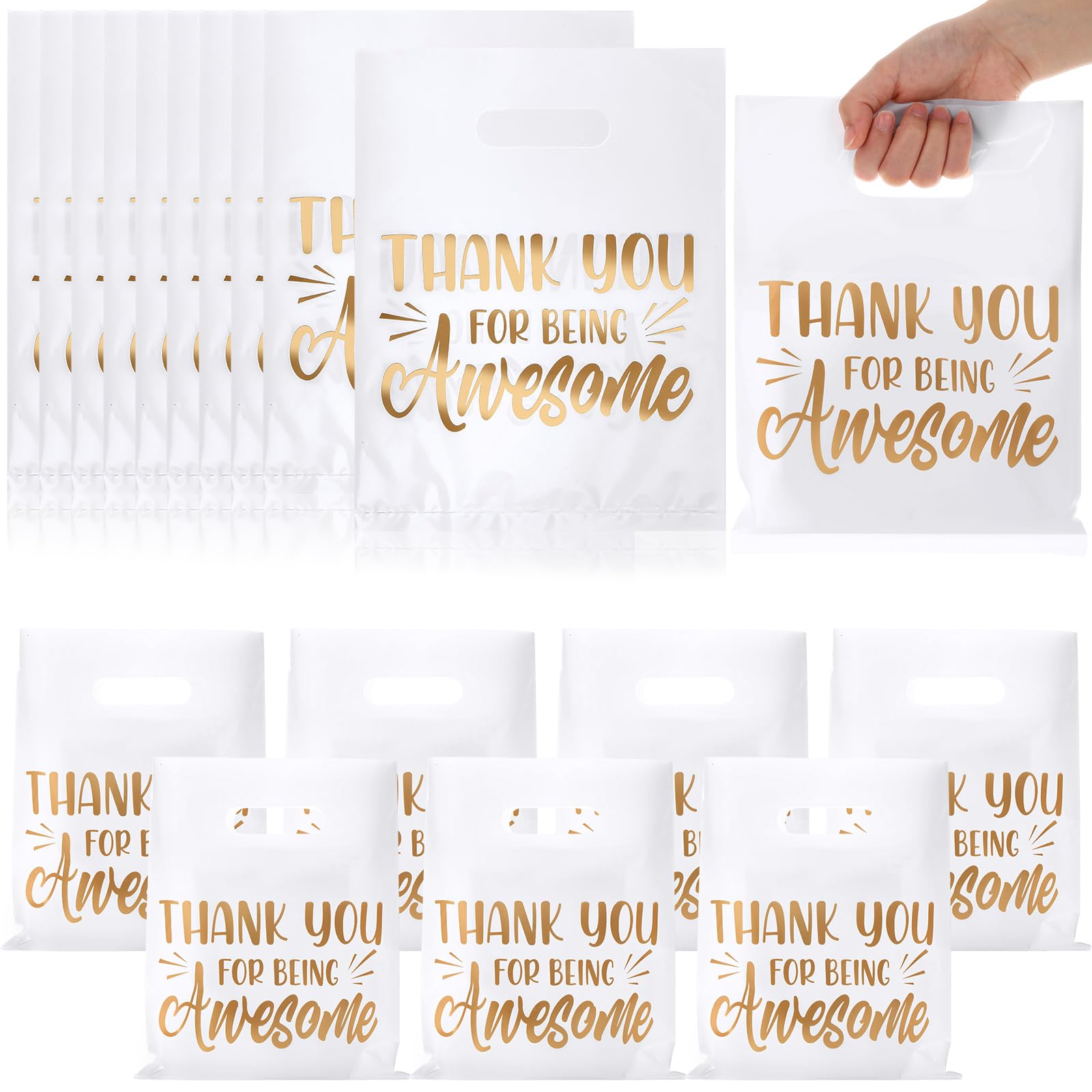 MotiMind 50 Pcs Thank You Gifts Bags Thank You for Being Awesome Plastic 7.9" x 10.2" Thick Employee Appreciation Goodie Bags with Handle for Retail