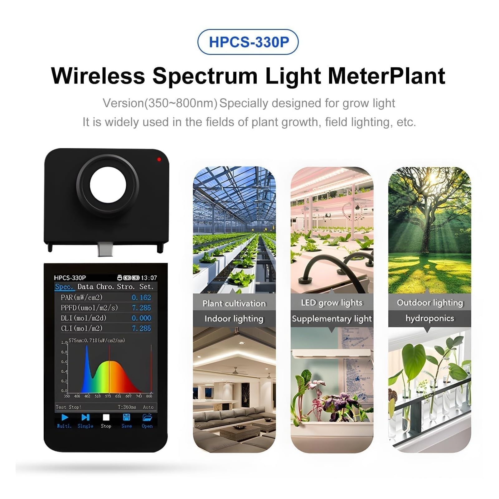 Espectrómetro Portátil, Espectrómetro PAR PPFD, comprobador de parpadeo con pantalla 350-800 nm