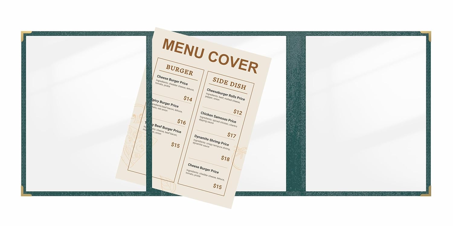 8 Pcs 8.5x11 Menu Covers, Equal-Panel Tri-Fold Menu Holders with 3 Clear Pockets (6 Views). PVC Leather Menu Sleeves with Metal Corners, Ideal for Restaurants, Cafes, and Bars