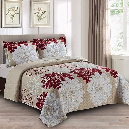 Helena - Juego de colcha de gran tamaño color burdeos, diseño estampado de lujo, juego de colcha – edredones rellenos – Se adapta a colchones de
