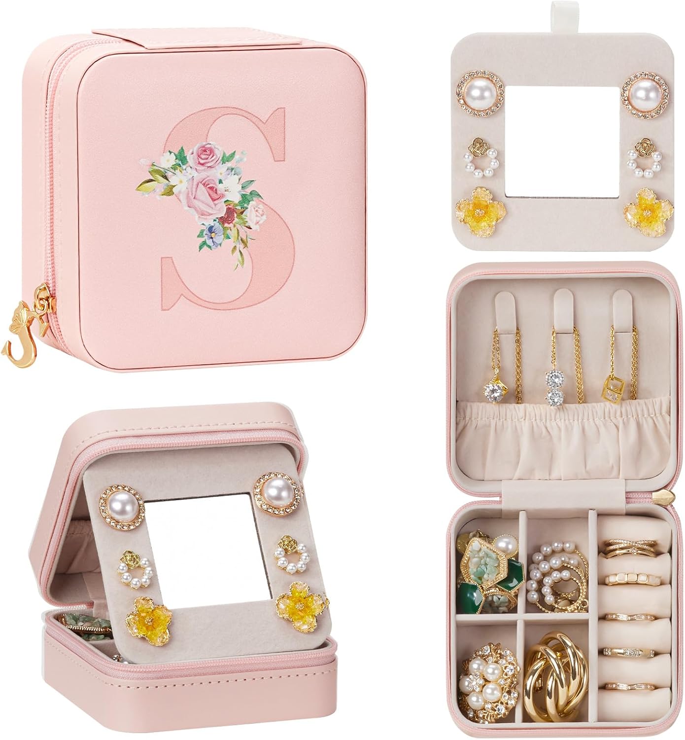 Travel Jewelry Box for Girls: Traveling Jewelry Case Gift for Women - Mini Organizer for Necklaces Earrings Pink S