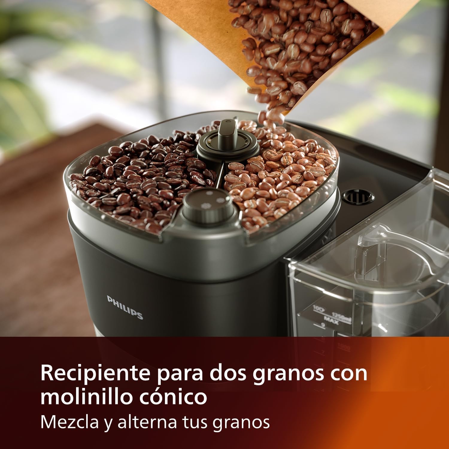 PHILIPS Todo en 1 Cafetera de goteo - molinillo cónico incorporado para granos frescos - preparación en jarra de vidrio de 1,25 L o directamente en taza, selección de intensidad y grosor (HD7900/50)