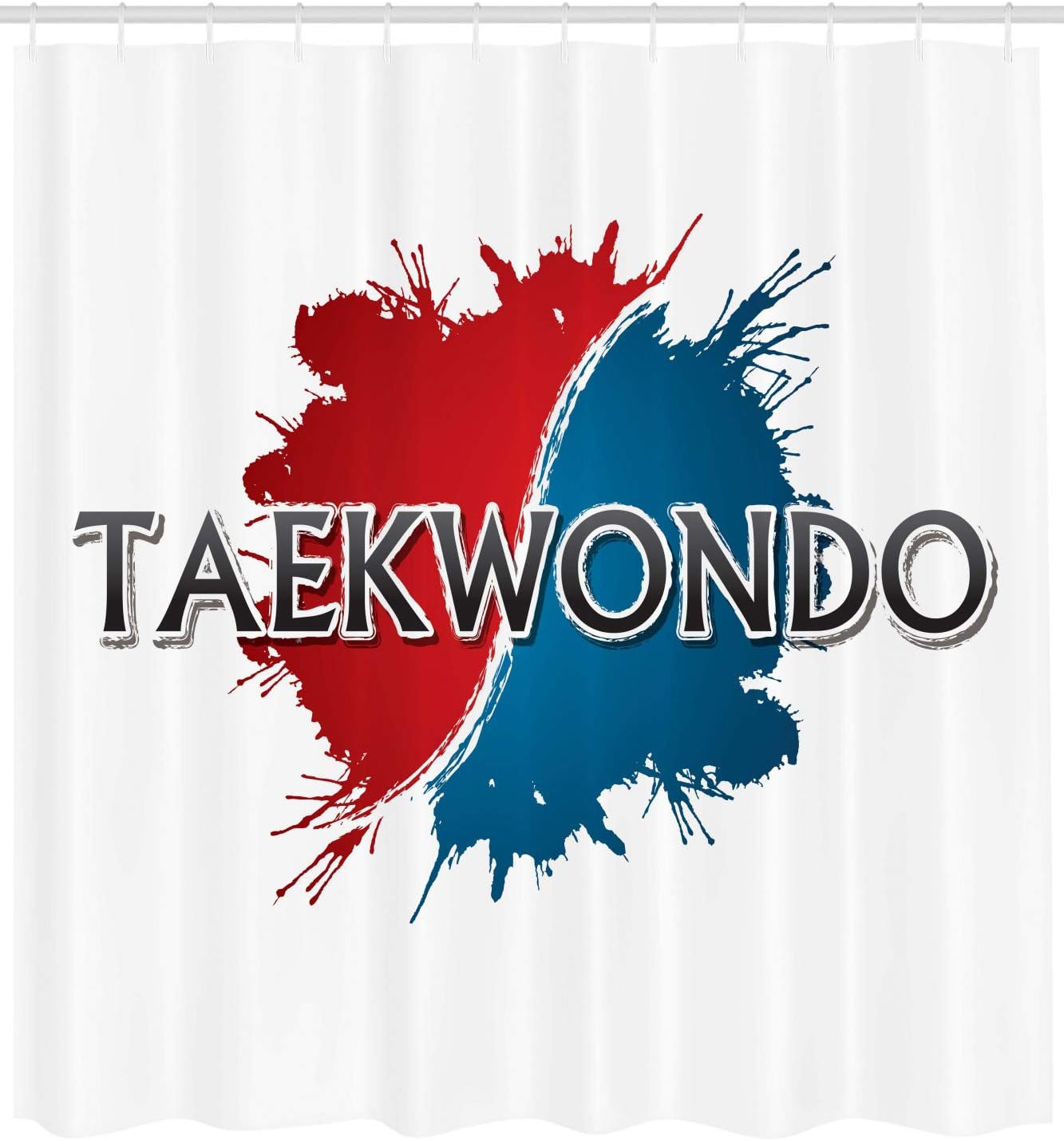 Lunarable Taekwondo Shower Curtain, Abstract Splashed Art Typography Motif Pattern on Plain Backdrop, Cloth Fabric Bathroom Decor Set with Hooks, 69" W x 75" L, White Blue and Vermilion